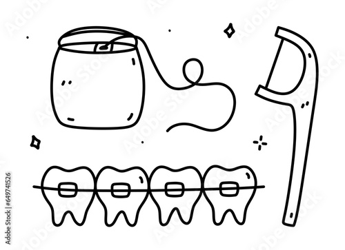 Dental care doodle set. Teeth with braces and and two types of dental floss. Oral hygiene. Vector hand-drawn illustration isolated on white background. Perfect for logo, various designs.