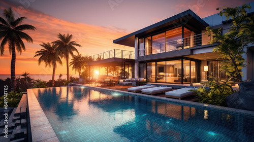 Luxury home with modern pool at sunrise, contemporary villa architecture, resort style hotel with beautiful interior and exterior design, backyard view, summer vacation and real estate concept