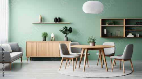 Mint color chairs at round wooden dining table in room with sofa and cabinet near green wall. Scandinavian, mid-century home interior design
