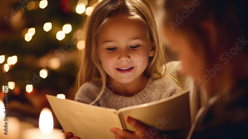 Close-up of a cute girl reading christmas story book at christmas eve with christmas tree and candlelight in background