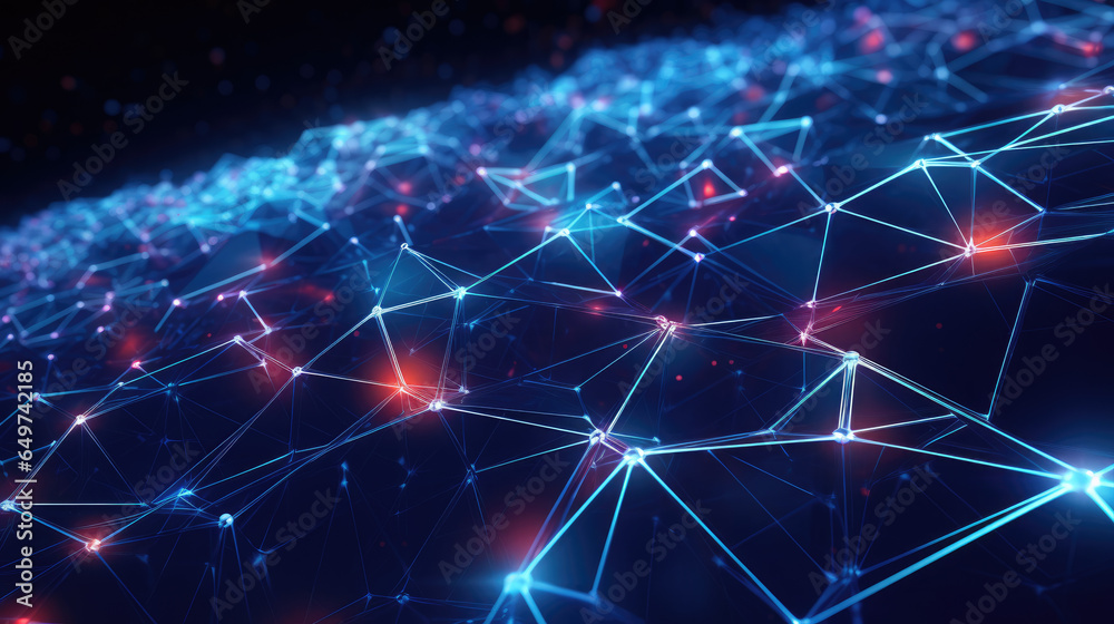 Abstract network of blue lines and dots on a dark background.