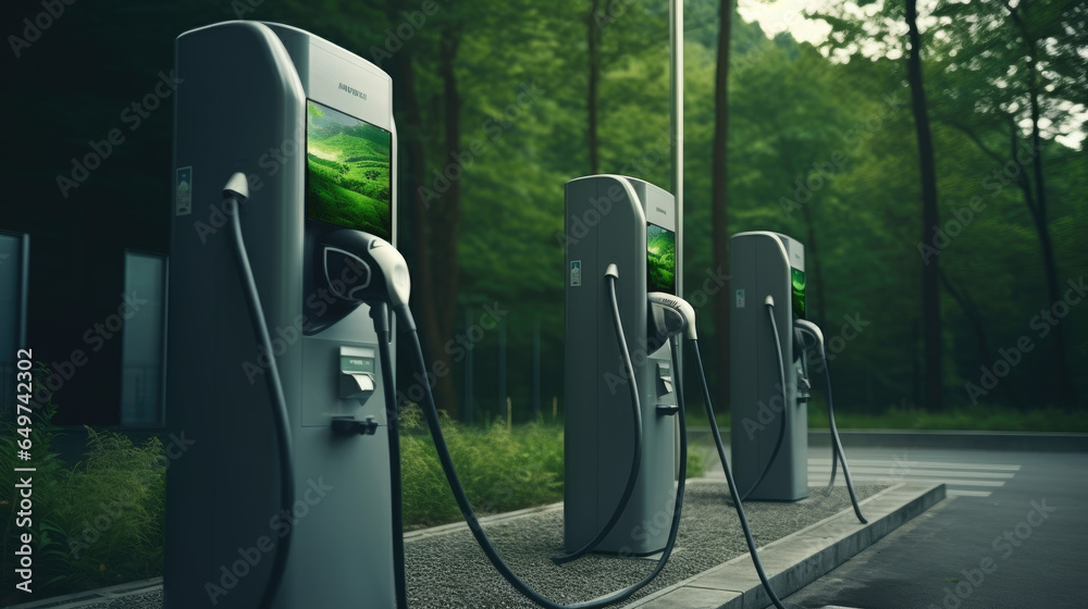 Modern electric car at standalone electric vehicle charging station Modern electric car at standalone electric vehicle charging station