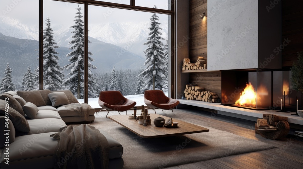 Interior of a mountain cabin in a winter landscape - obrazy, fototapety, plakaty 