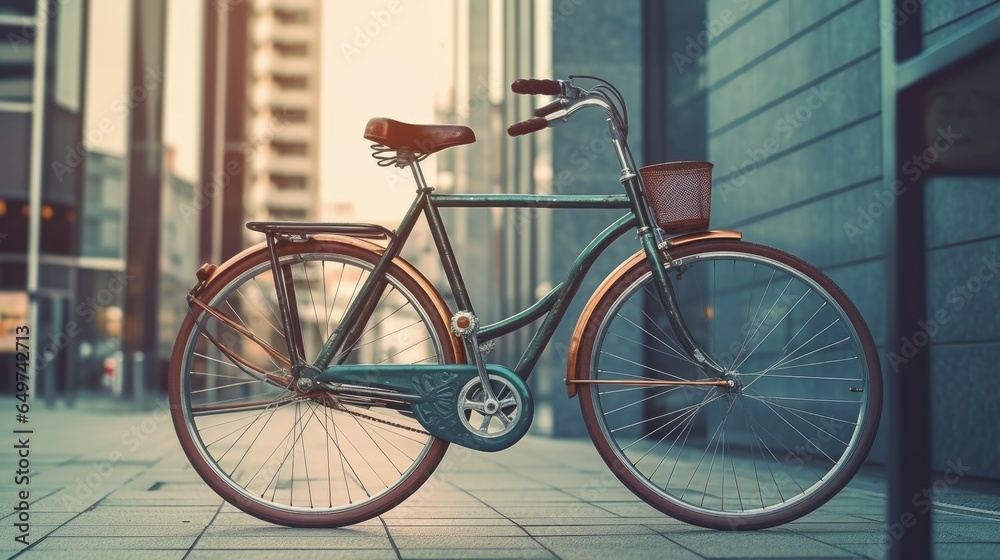 Vintage Bicycle parked against a modern city backdrop. AI generated