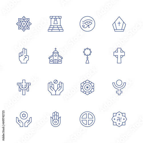 Spirituality line icon set on transparent background with editable stroke. Containing anahata, bell, blessing, church, cross, faith, energy, hamsa, horus eye, mala, mandala, native spirituality.