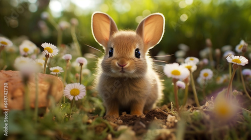The baby bunny in a meadow in high grass, in the garden or in nature, sunny day, cute and sweet