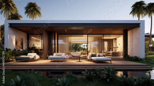 Modern villa with open floor plan, patio, pool, and palm trees at dusk. © Vahid