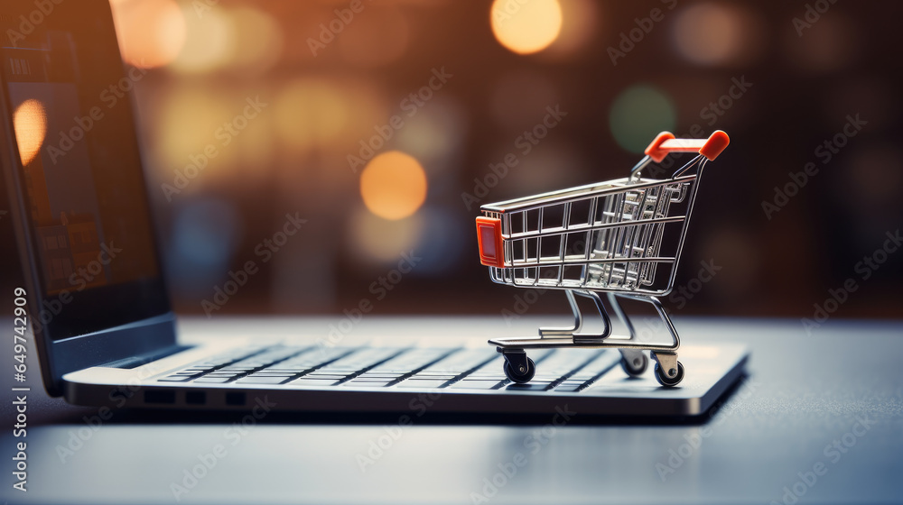 Miniature shopping cart with boxes on laptop keyboard, with blurred background.