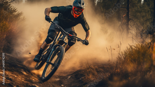 Mountain biker riding through dust at sunset in a forest.