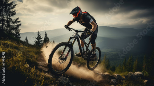 Mountain biker riding downhill at sunset, kicking up dust and with mountains in the background.