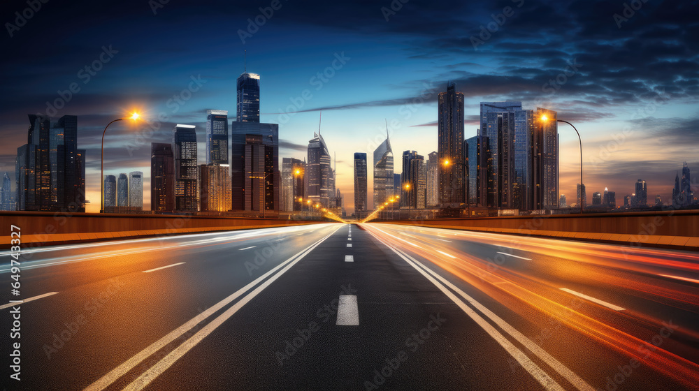 Highway leading to illuminated city skyline at night with light trails.