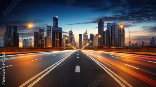 Highway leading to illuminated city skyline at night with light trails. © Vahid