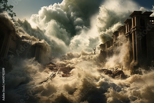 Tsunami Impact Massive waves crashing onto a shoreline, causing widespread destruction.Generated with AI