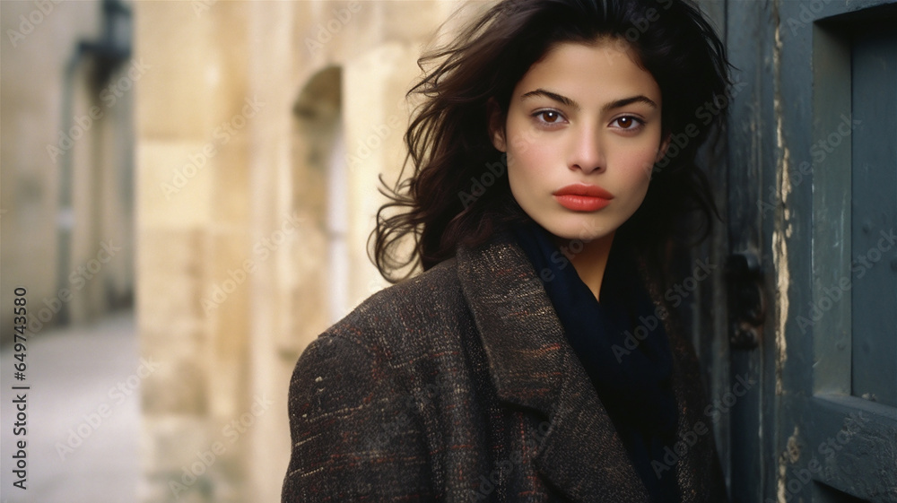 Outdoor fashion portrait of a glamour model with dark hair and a perfect complexion and wearing a dark coat. Standing in front of an old building.
