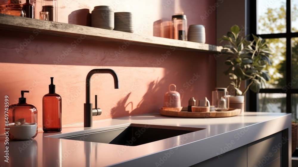 Fragment of modern minimalist kitchen. White stone countertop with built-in sink and black faucet. Peach tone wall, kitchen containers on the shelf, window. Contemporary interior design. 3D rendering.