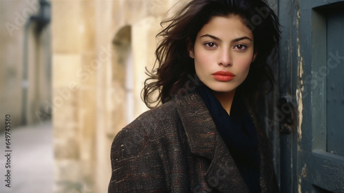 Outdoor fashion portrait of a glamour model with dark hair and a perfect complexion and wearing a dark coat. Standing in front of an old building.