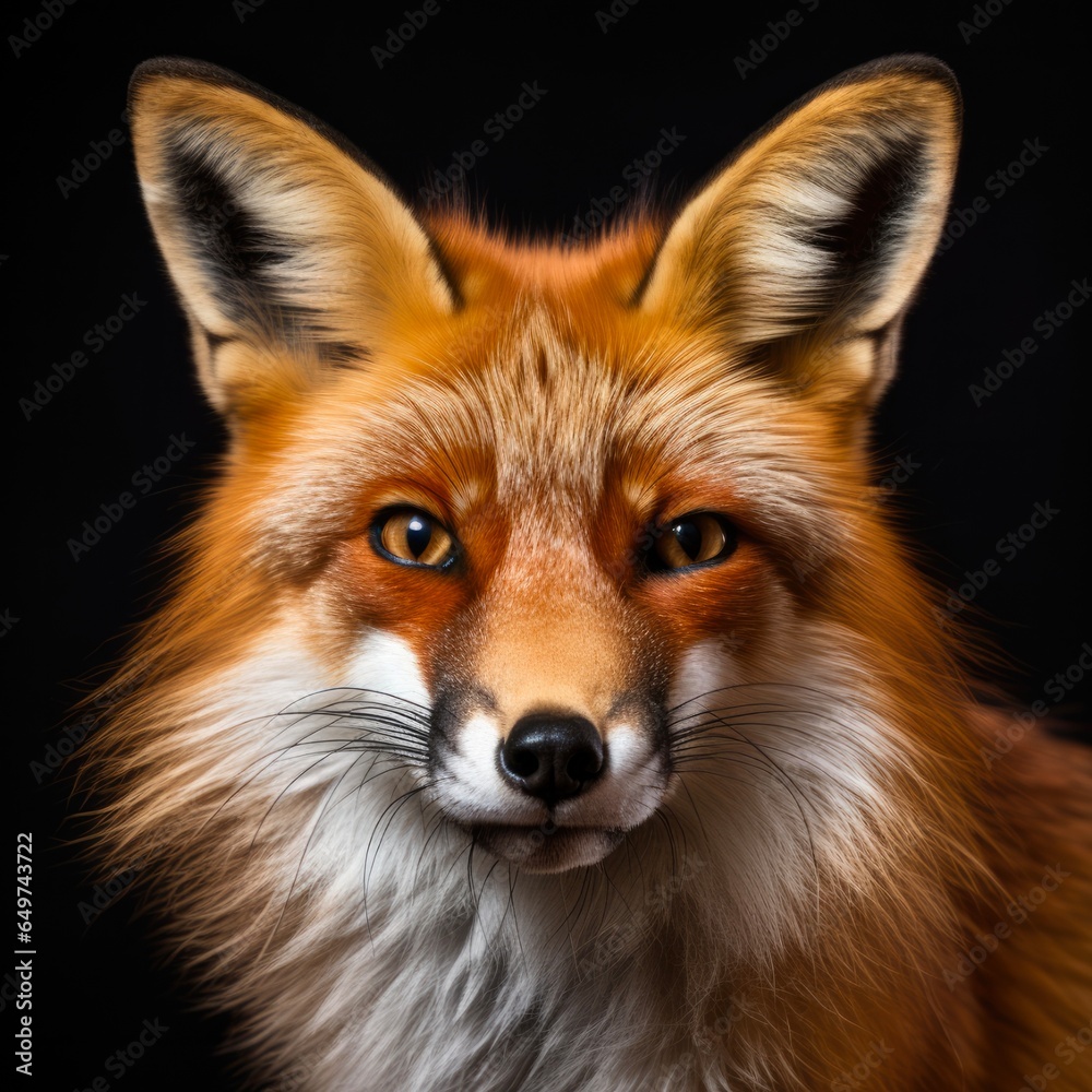 Red Fox Face Portrait on Black Background. Close-up of Chestnut Orange Fox Muzzle. Wild Animal Predator Beast Red Fox Face Portrait on Black Background. Close-up of Chestnut Orange Fox Muzzle. Wild Animal Predator Beast