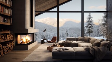 Interior of a mountain cabin in a winter landscape