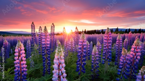 Lupine Field in Full Bloom: A Vibrant Display of Wildflowers in a Lush Nature Setting