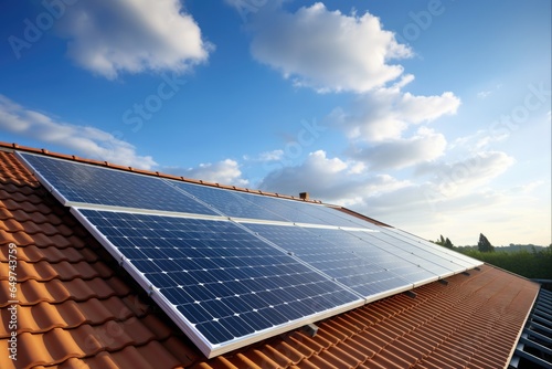 Photovoltaic Home Energy: Capturing the Power of the Sun with Solar Panels on a Roof Against Blue Sky Background