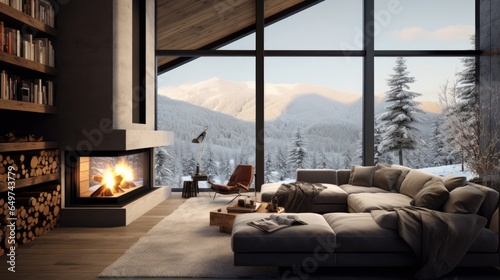 Foto Interior of a mountain cabin in a winter landscape