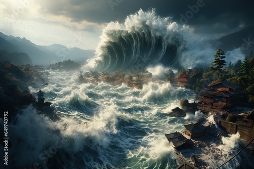 Tsunami Impact Massive waves crashing onto a shoreline, causing widespread destruction.Generated with AI photo