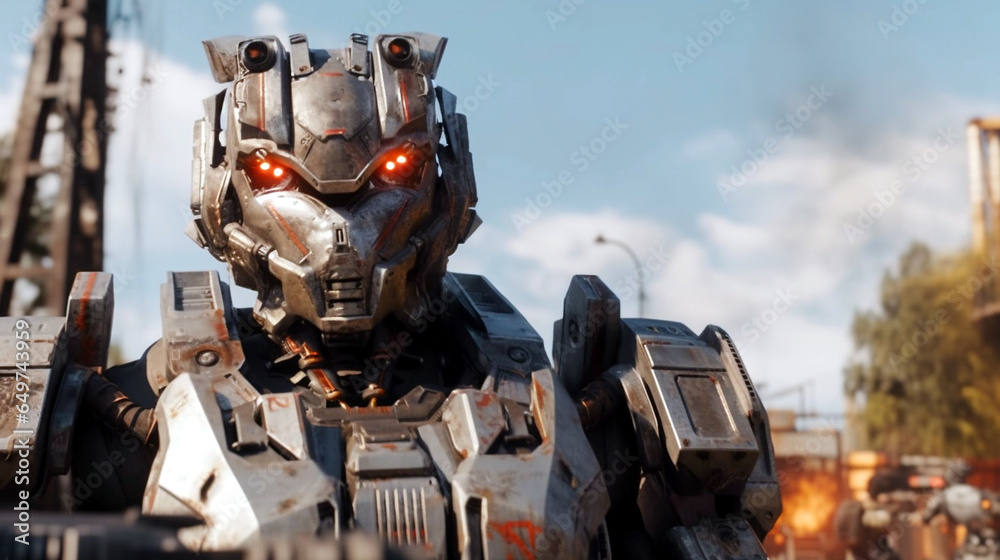 a robot with artificial intelligence are in war in a devastated landscape, combat and soldier a robot with artificial intelligence are in war in a devastated landscape, combat and soldier