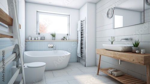 Interior of modern luxury scandi bathroom with window and white walls. Free standing bathtub, wash basin on wooden countertop, wall mirror, houseplants. Contemporary home design. 3D rendering.
