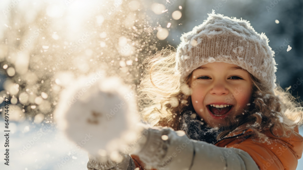 Child playing a playful snowball fight in a winter snowy day Child playing a playful snowball fight in a winter snowy day