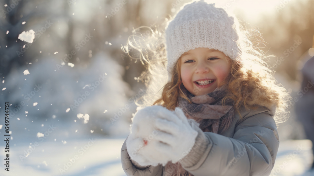Child playing a playful snowball fight in a winter snowy day Child playing a playful snowball fight in a winter snowy day