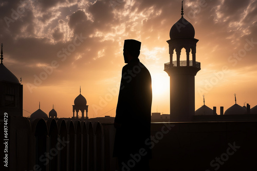Muezzin standing near the mosque minaret calling the faithful to prayer, silhouette view against the setting sun