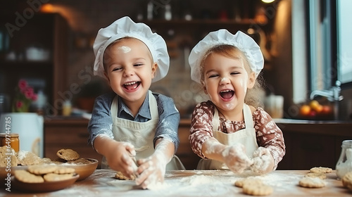 Happy family with two funny kids baking cookies in the kitchen , creative and happy childhood doing manual activities
