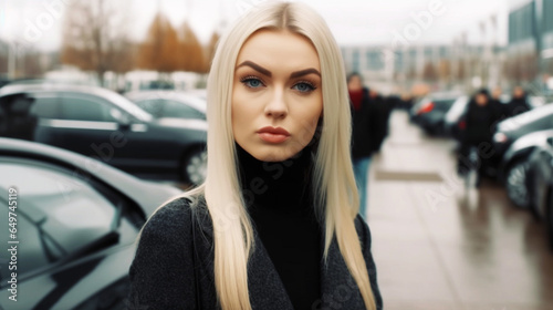 adult woman, caucasian, long blonde straight hair, elegant business winter coat, in a parking lot in front of an office building