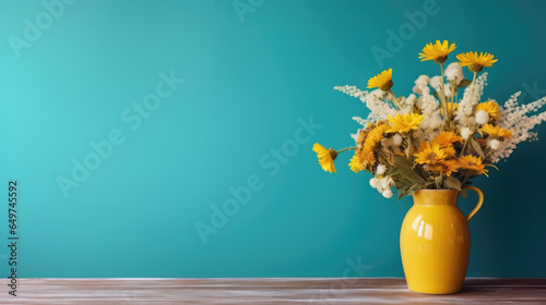 Yellow flowers in a yellow vase on a wooden table against a blue background. © Vahid
