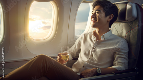asian business man sitting in the business class air cabin with a champaign beside him, realistic, photography, can see her side view face