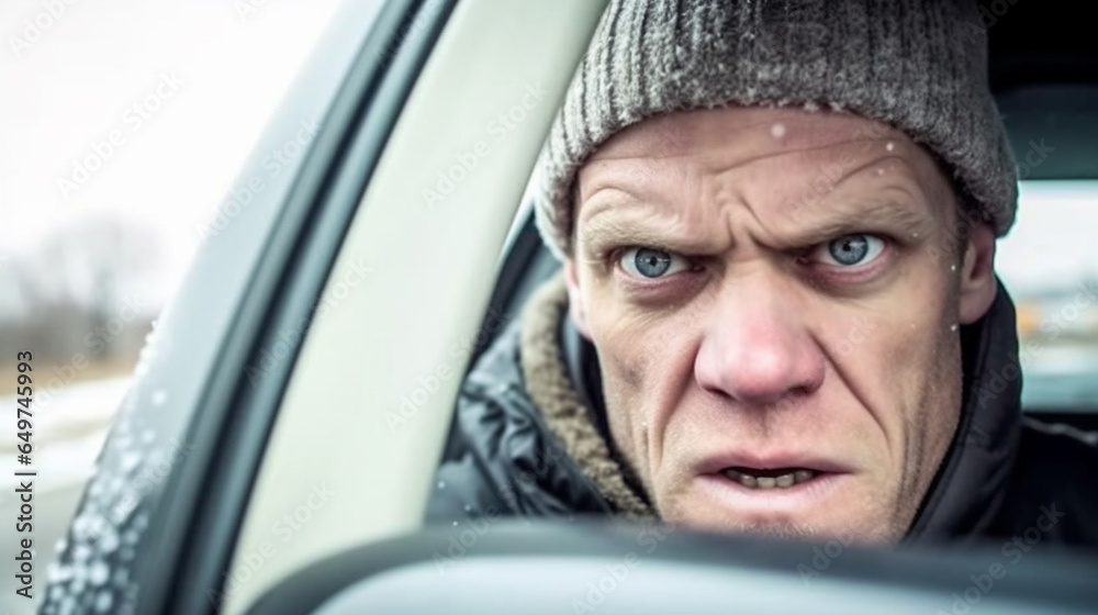 Angry or annoyed mature adult man with winter rain jacket, and wearing winter hat, sitting in car as passenger