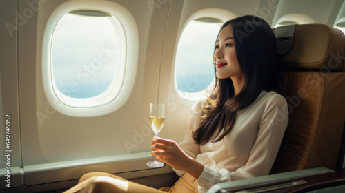 asian girl sitting in the business class air cabin with a champaign beside her, realistic, photography, can see her side view face