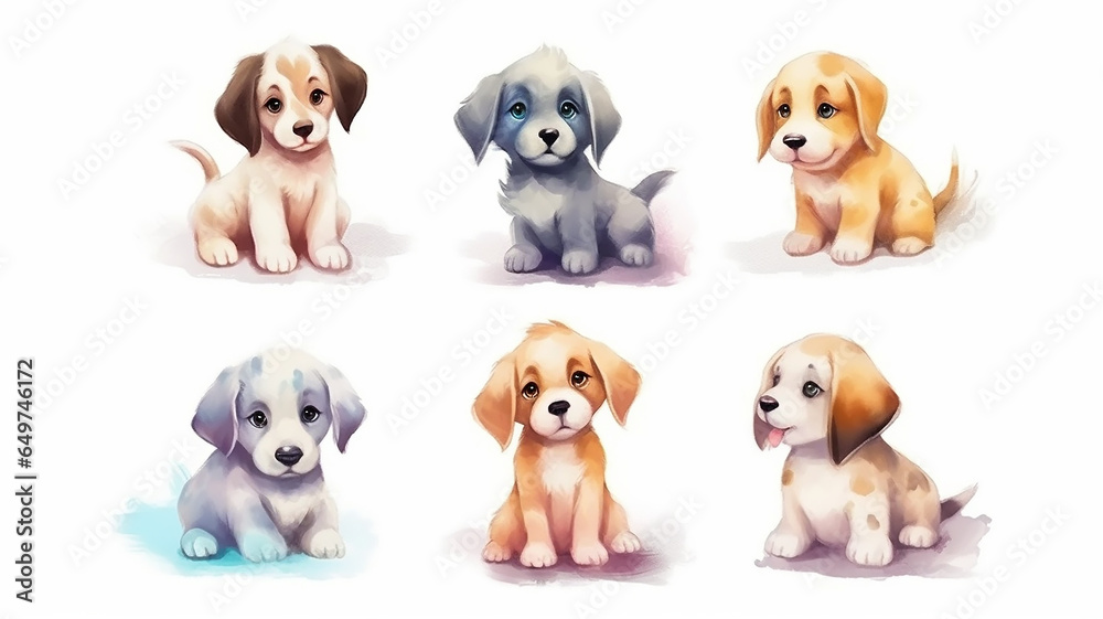 Obraz premium a group of cute watercolor puppies on a white background.