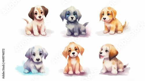 a group of cute watercolor puppies on a white background. © kichigin19