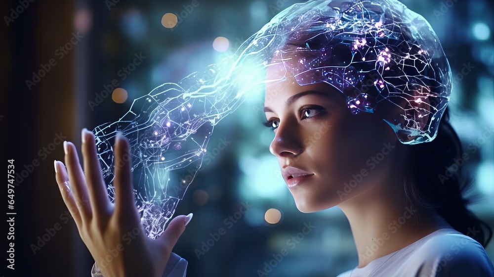 In this image, a woman is using a neural interface device for computing, highlighting advancements in biotechnology and the onset of the singularity, the future of brain-computer interaction - obrazy, fototapety, plakaty 