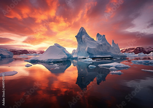 Beautiful sunset over frozen ocean with icebergs - AI Generated