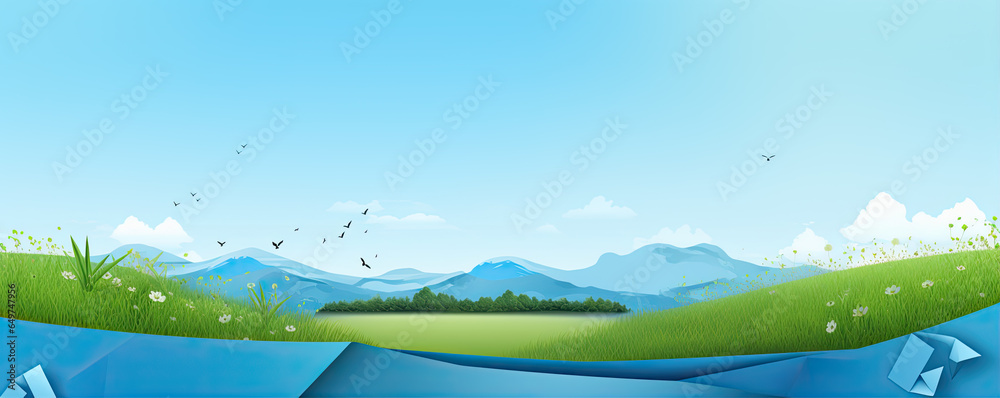 Eco green paper texture landscape. Blue sky and green grass wide banner. copy space for your text. Eco green paper texture landscape. Blue sky and green grass wide banner. copy space for your text.