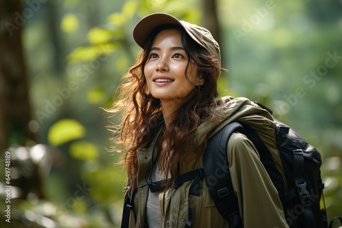 Backpacker in the Wild: A young and beautiful Asian woman, traveling alone in the forest wilderness.Generated with AI © Chanwit
