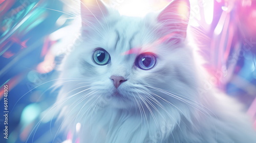 White cat with blue eyes and dreamy background - AI Generated