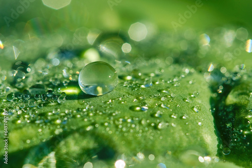 Green leaf with drops of water on a blurred natural background. Macro. Shallow depth of field&