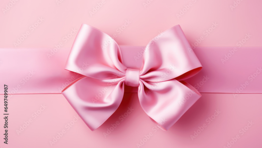 Pink Bow and Tape in the Style of Pop Art-
inspired Imagery, Minimalist Pink Background.
Festive atmosphere. Trendy Babrie style 2023,
Barbiecore. Xmas presents and gift box.
Concept Winter Holidays.