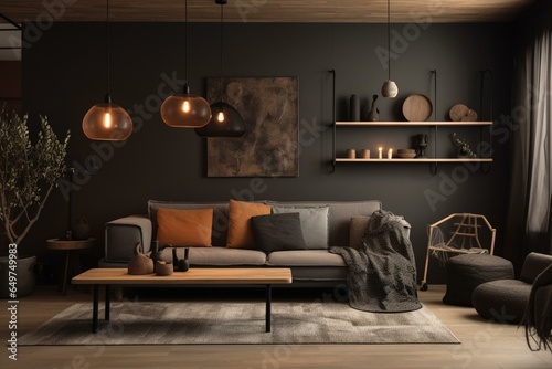 Interior of cozy brown living room with black accents, dark grey sofa, and warm ambiance. Generative AI