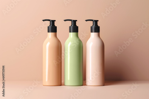 Skincare Cosmetic products - Bottles Shampoo, Shower Gel Dispenser or BodyLotion, Soap Dispenser or Foam on beige Peach Fuzz Color of the Year 2024 background. photo