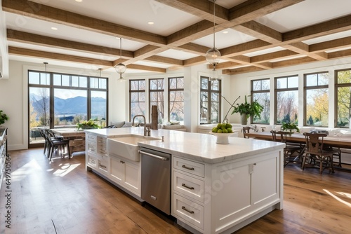 Luxurious kitchen with farmhouse sink, hardwood floors, wood beams, large island, and quartz counters. Ample natural light from large windows and floating shelves. Generative AI