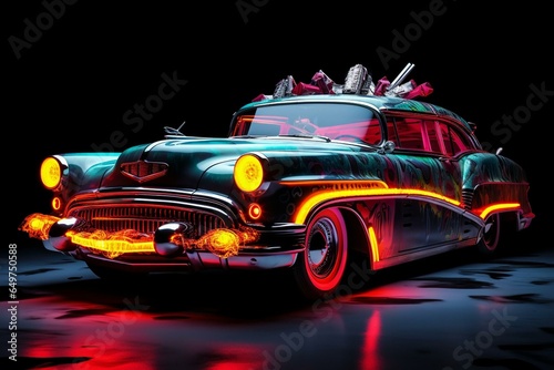 Vintage vehicle with vibrant neon colors set against a black backdrop, exuding a cyberpunk vibe. Generative AI